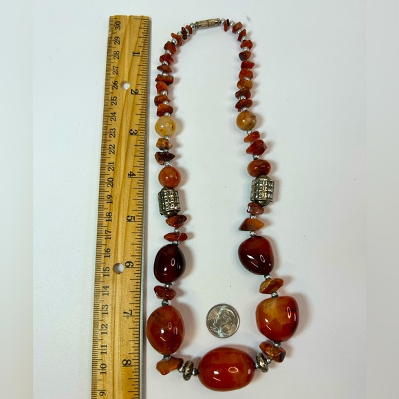 Large Carnelian Agate and coin silver beads vintage gemstone necklace - Picture 3 of 3